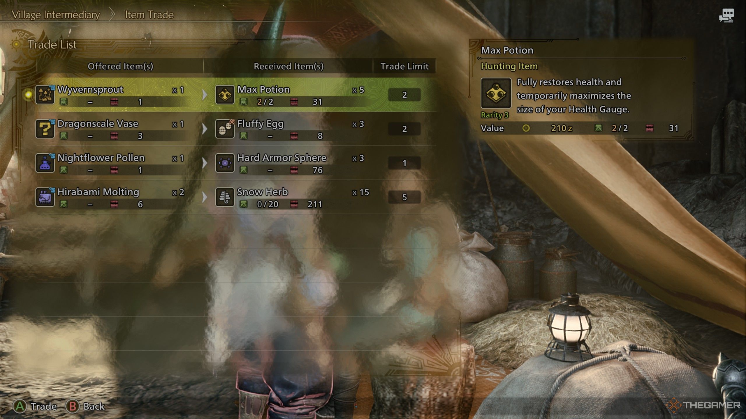 Monster Hunter Wilds wyversprout trading for max potion.