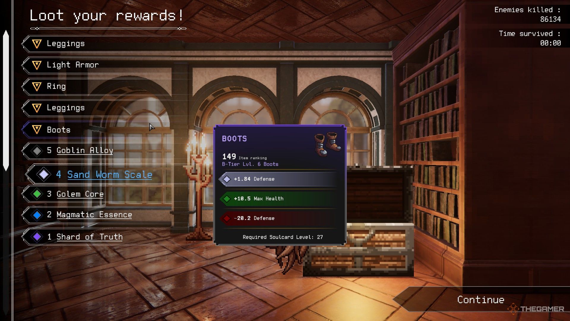 A player in rogue genesia loots an assortment of armour pieces and crafting materials. 