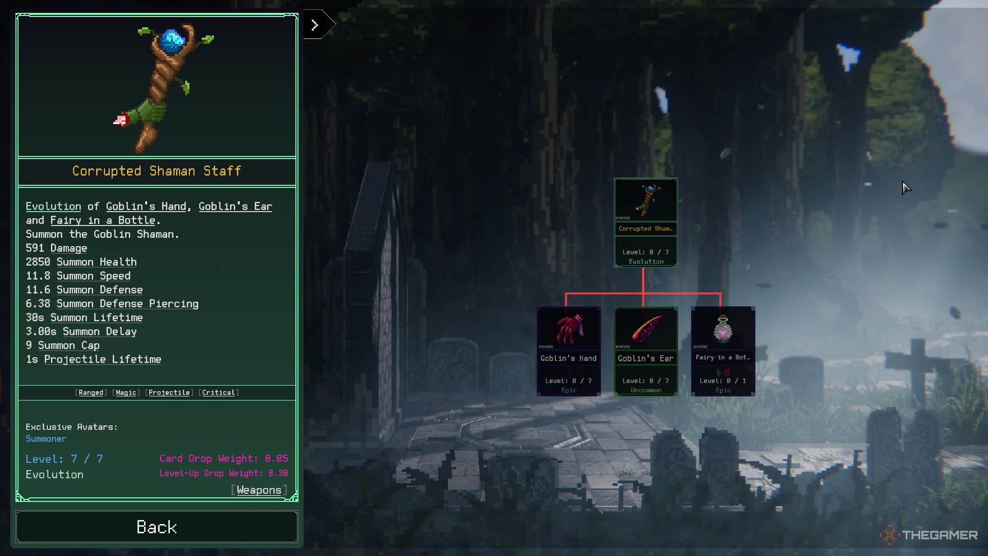 The crafting tree for the Corrupted Shaman Staff in Rogue Genesia. 