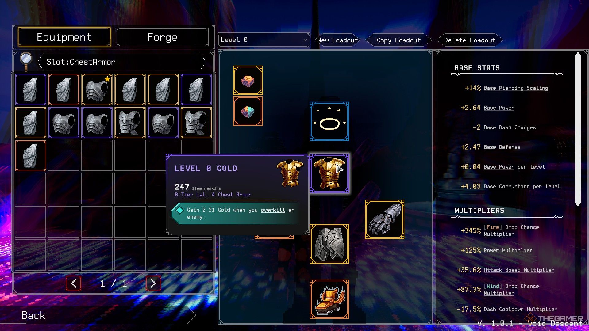 A loadout of level zero items in Rogue Genesia, focused on power and gold gain. 