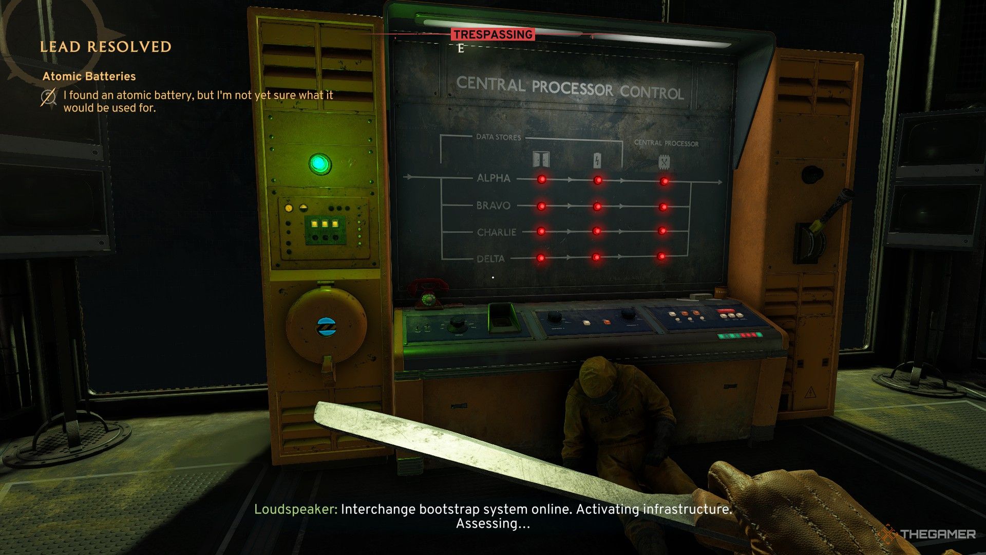 a dead body in a radiation suit leans against the central processing terminal of the interchange in atomfall.