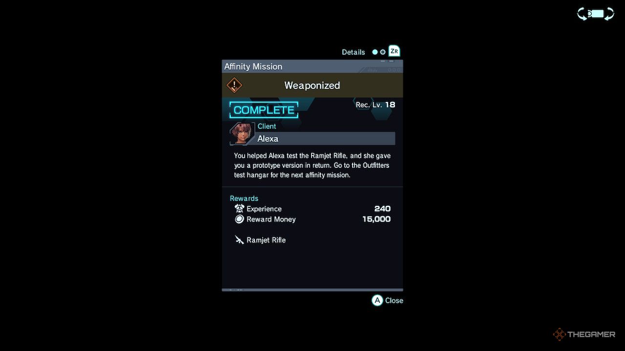 The rewards for the Weaponized mission in xenoblade chronicles x definitive edition.