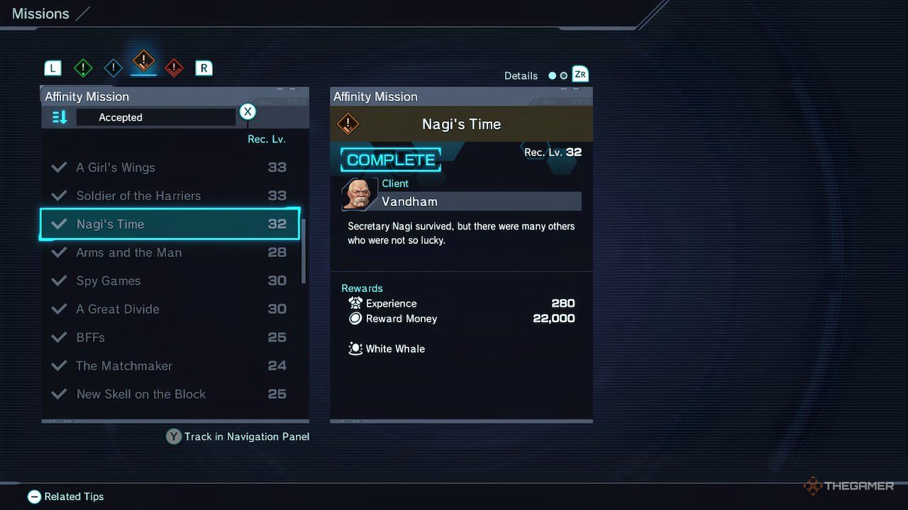 A screenshot of the quest menu showing Nagi's first affinity mission, "Nagi's Time," in Xenoblade Chronicles X: Definitive Edition.