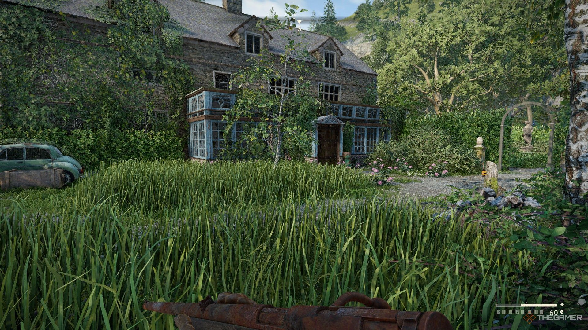 the conservatory of datlow hall and the overgrown garden in atomfall.