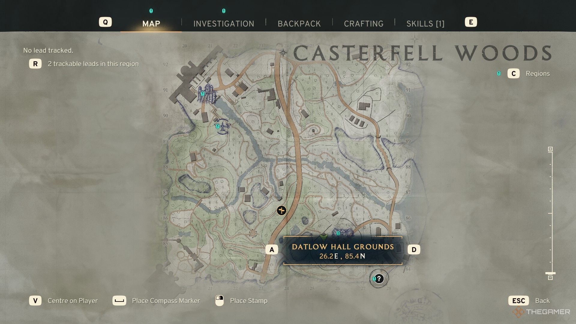 the map of casterfell woods in atomfall, with the coordinates of datlow hall highlighted.