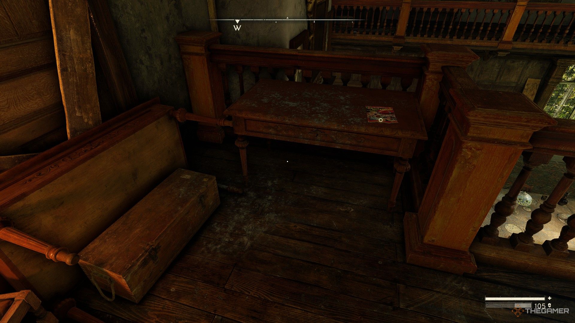a comic book on a table overlooking the dining room of datlow hall in atomfall.