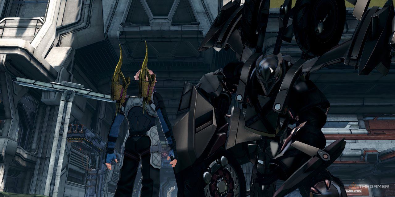 A screenshot of the player character standing before their own Ares 90 Skell in Xenoblade Chronicles X: Definitive Edition.