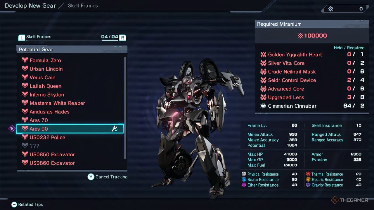 A screenshot showcasing the material list for the Ares 90 Skell in Xenoblade Chronicles X: Definitive Edition.