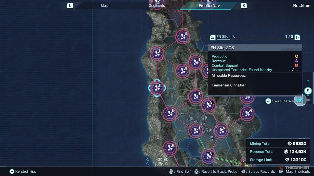 A screenshot of the FN 203 probe site with Cimmerian Cinnabar in Xenoblade Chronicles X: Definitive Edition.