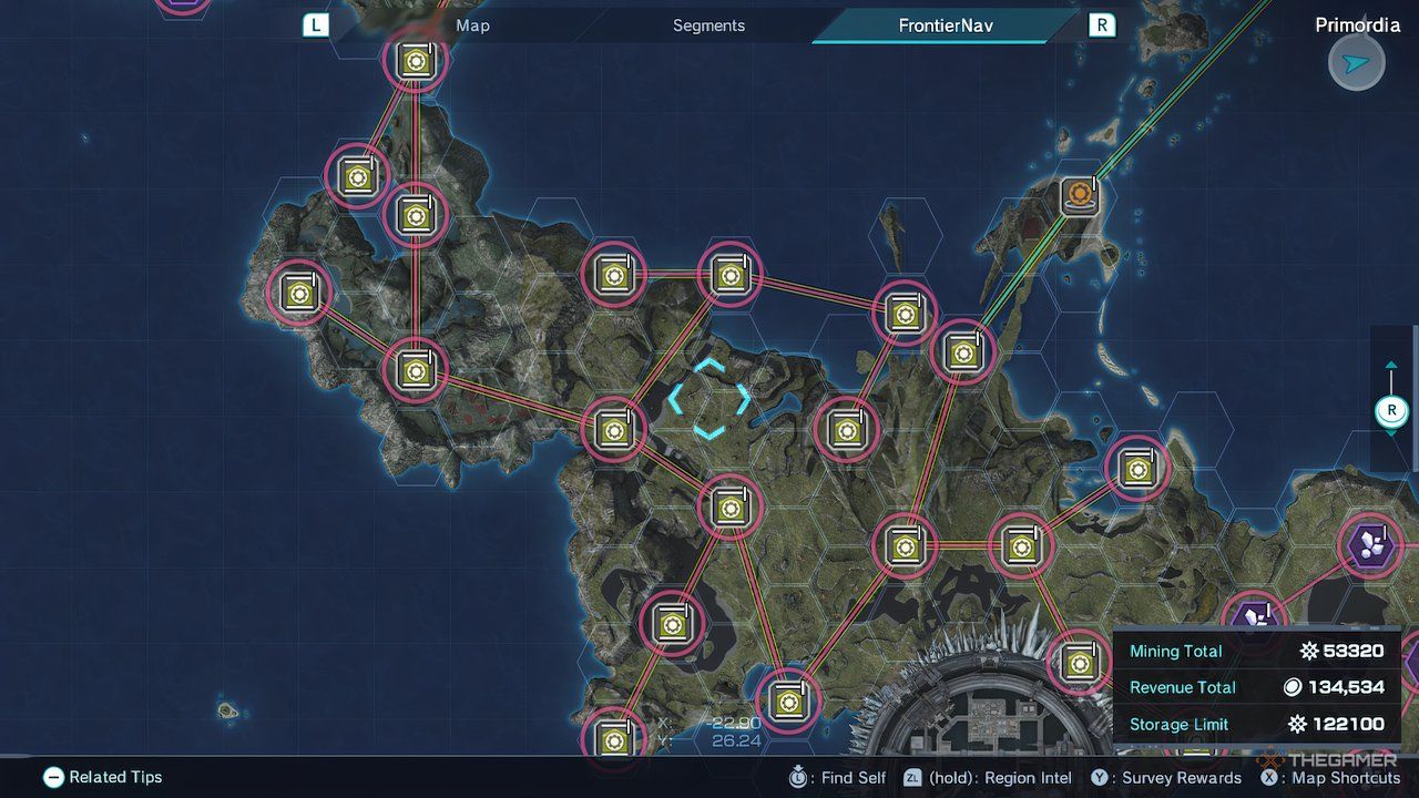A screenshot of a large chain of storage probes on FrontierNav in Xenoblade Chronicles X: Definitive Edition.