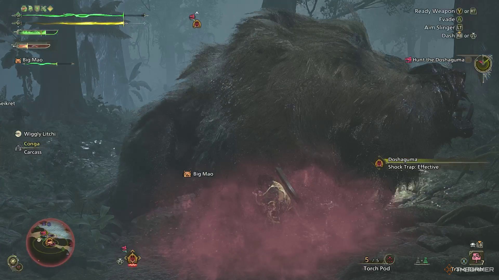 The image shows that the Hunter is throwing a Tranq Bomb to capture a Doshaguma in Monster Hunter Wilds.