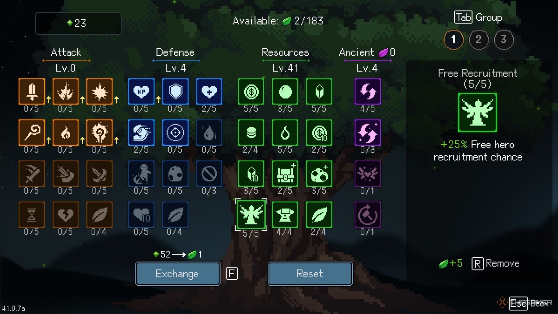 The three talent trees of I Am Legion: Stand Survivors, with the player having focused in improving their resources. 
