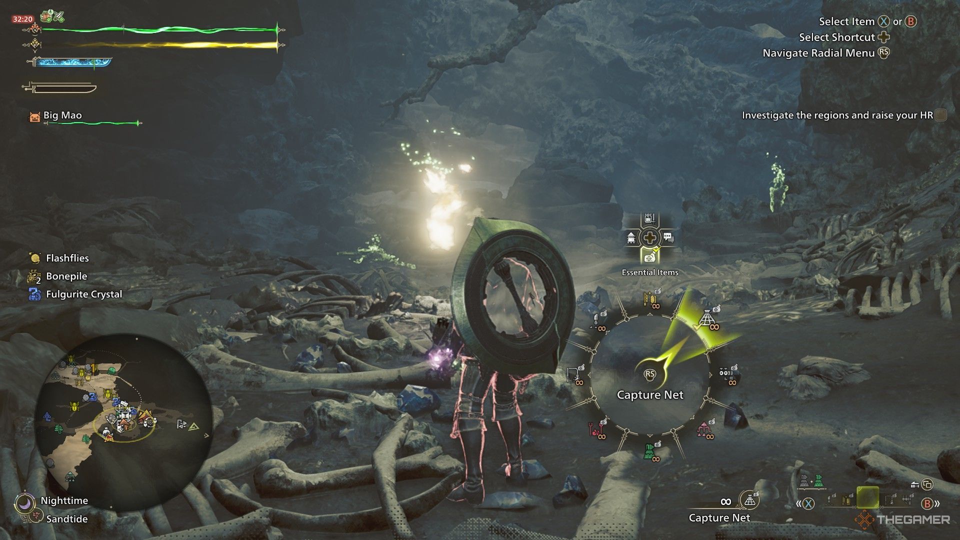 The image shows the Hunter equipping the Capture Net to capture Flashflies in Monster Hunter Wilds.