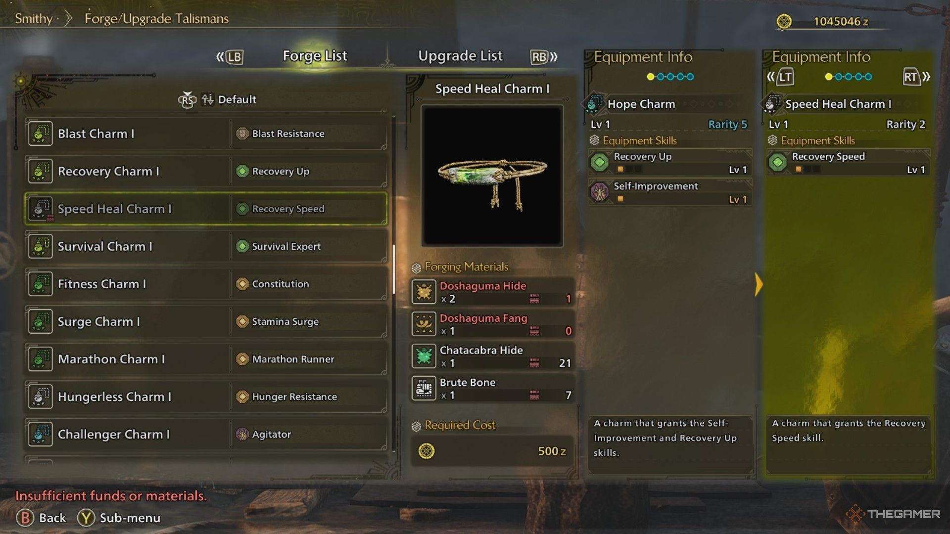 The image shows the items required to craft a Speed Heal Charm in Monster Hunter Wilds.
