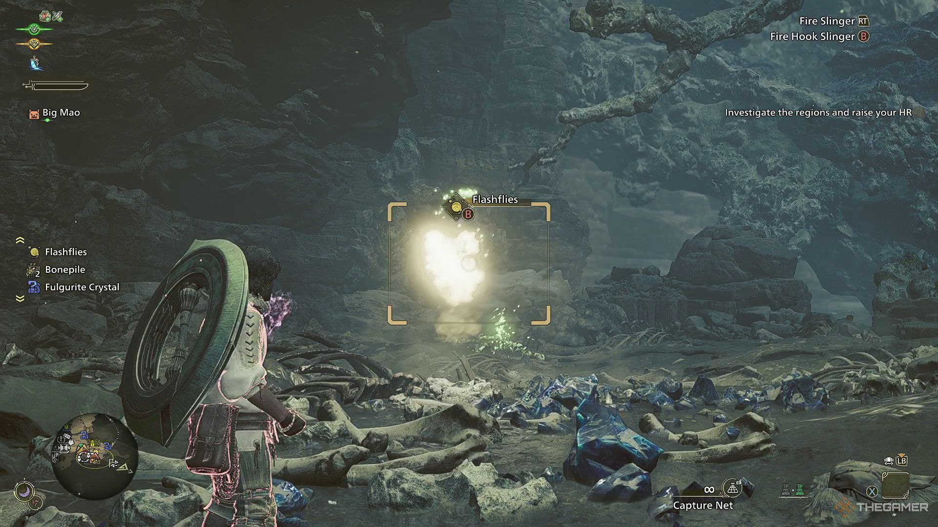 The image shows that the Hunter is about to shoot the Capture Net at the Flashflies in Monster Hunter Wilds.