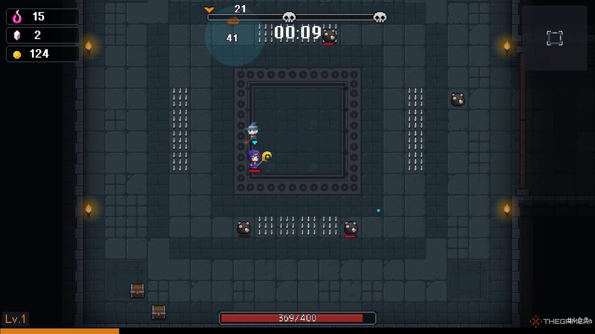 A starting chamber in Stand Survivors surrounded by spike traps. 