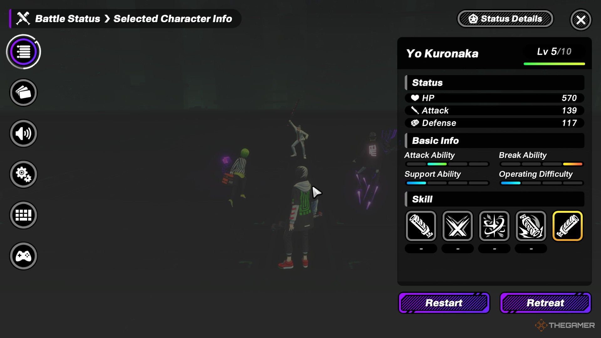 The image shows the Restart or Retreat options from the pause menu during combat in Tribe Nine.