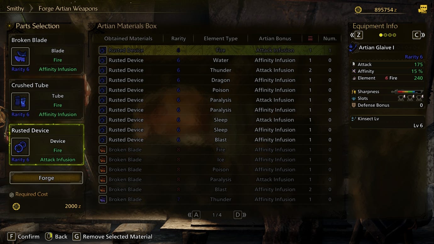 A Monster Hunter Wilds screenshot showing the Forge Artian Weapons menu for creating an Insect Glaive.