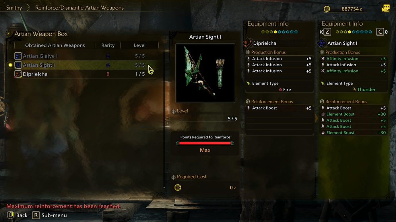 A Monster Hunter Wilds screenshot showing the Reinforce/Dismantle menu for Artian Weapons and several Reinforcement Boosts on a Bow.
