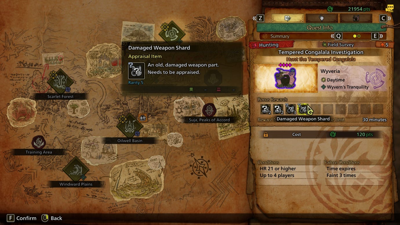 A Monster Hunter Wilds screenshot showing the setup for a Tempered Congalala Investigation hunt. The bonus rewards show a Damaged Weapon Shard.