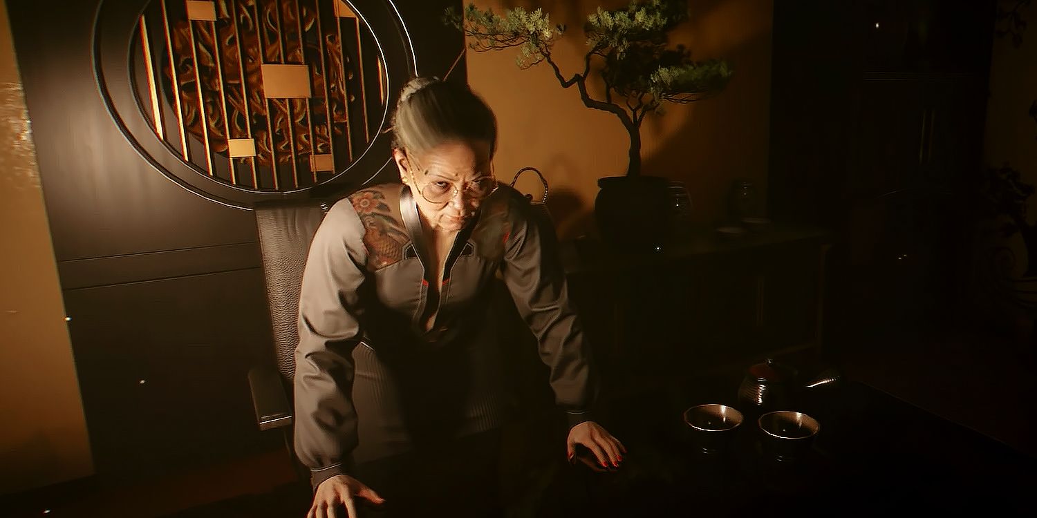 Wakako Okado Behind Her Desk in Cyberpunk 2077.