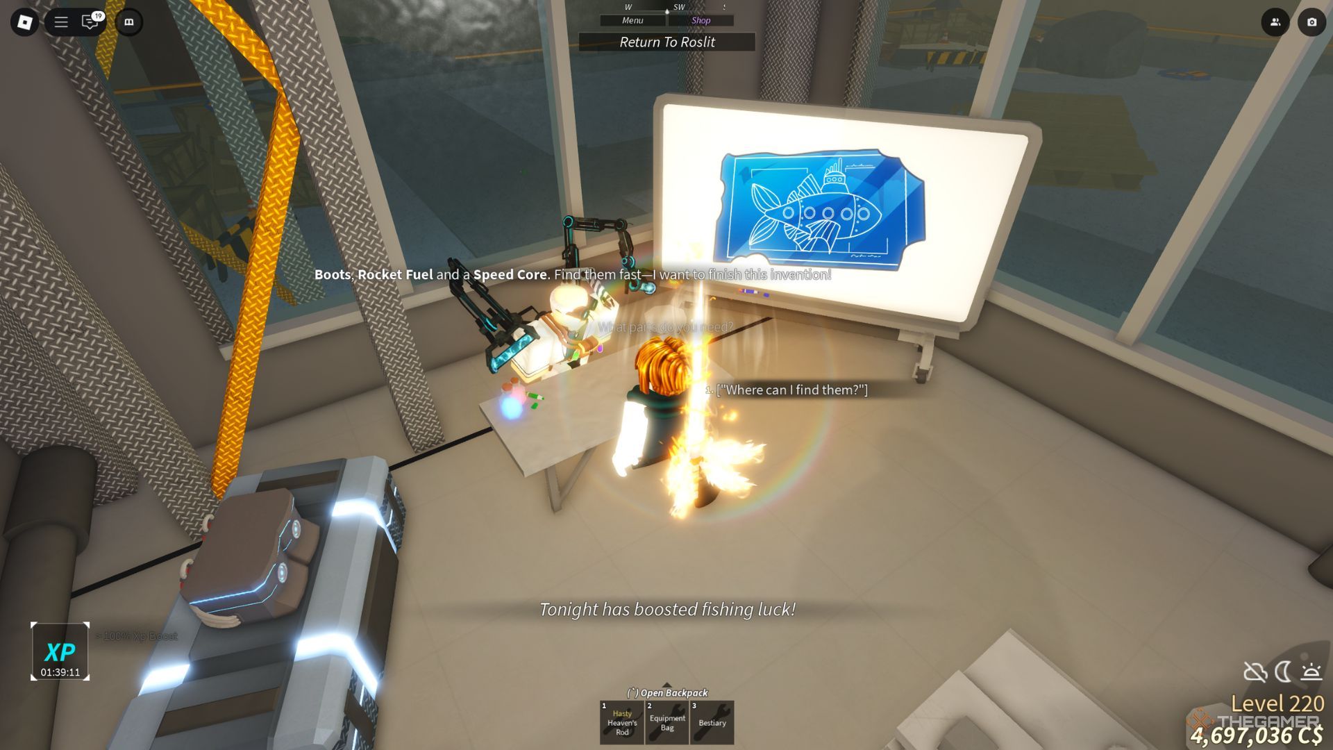 The player character shows Dr. Crookspine in his laboratory located on a separate small island near Roslit Bay in Fisch.