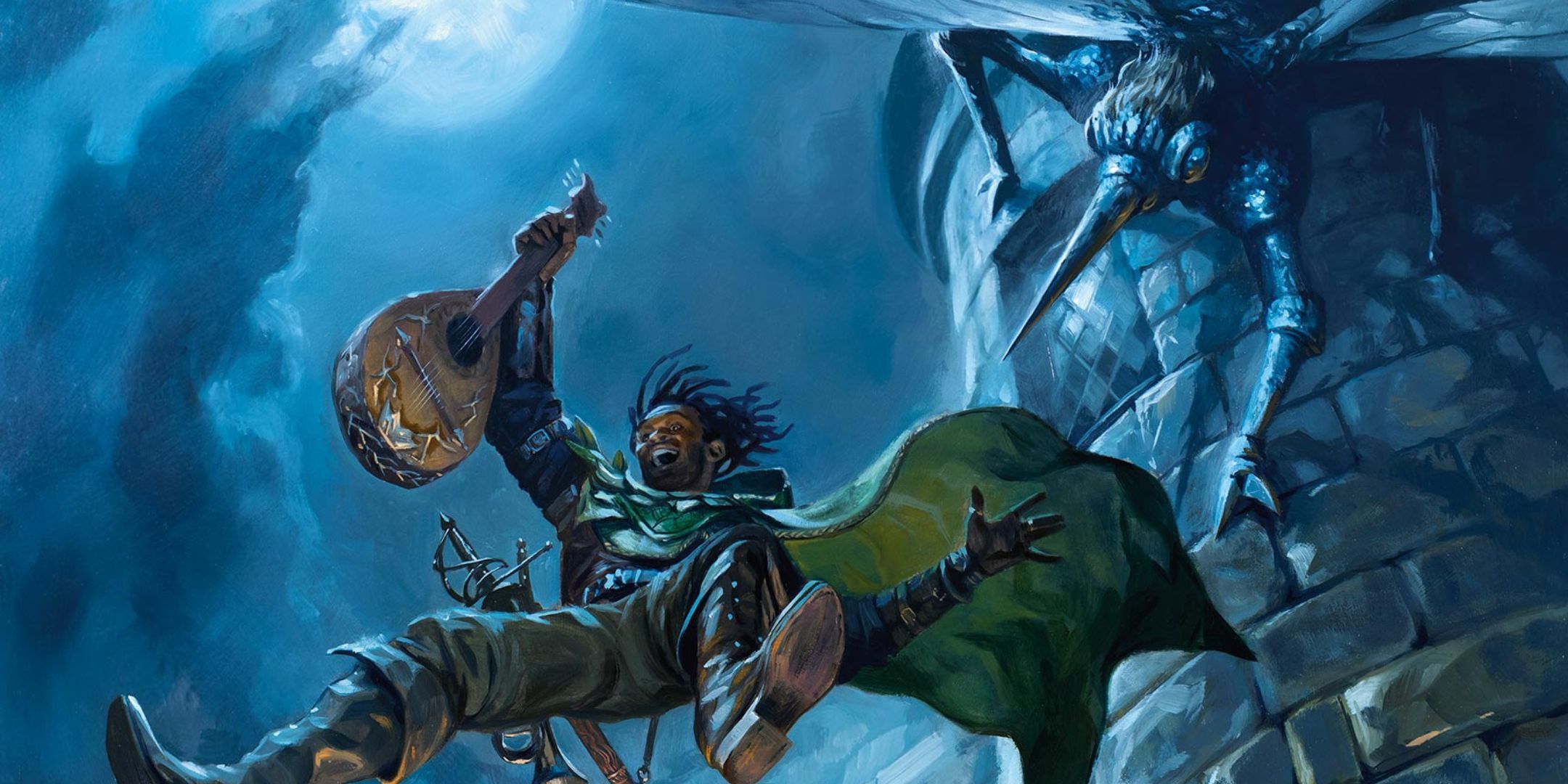 A bard falling from a tower under moonlight with chasme demon from Dungeons & Dragons.