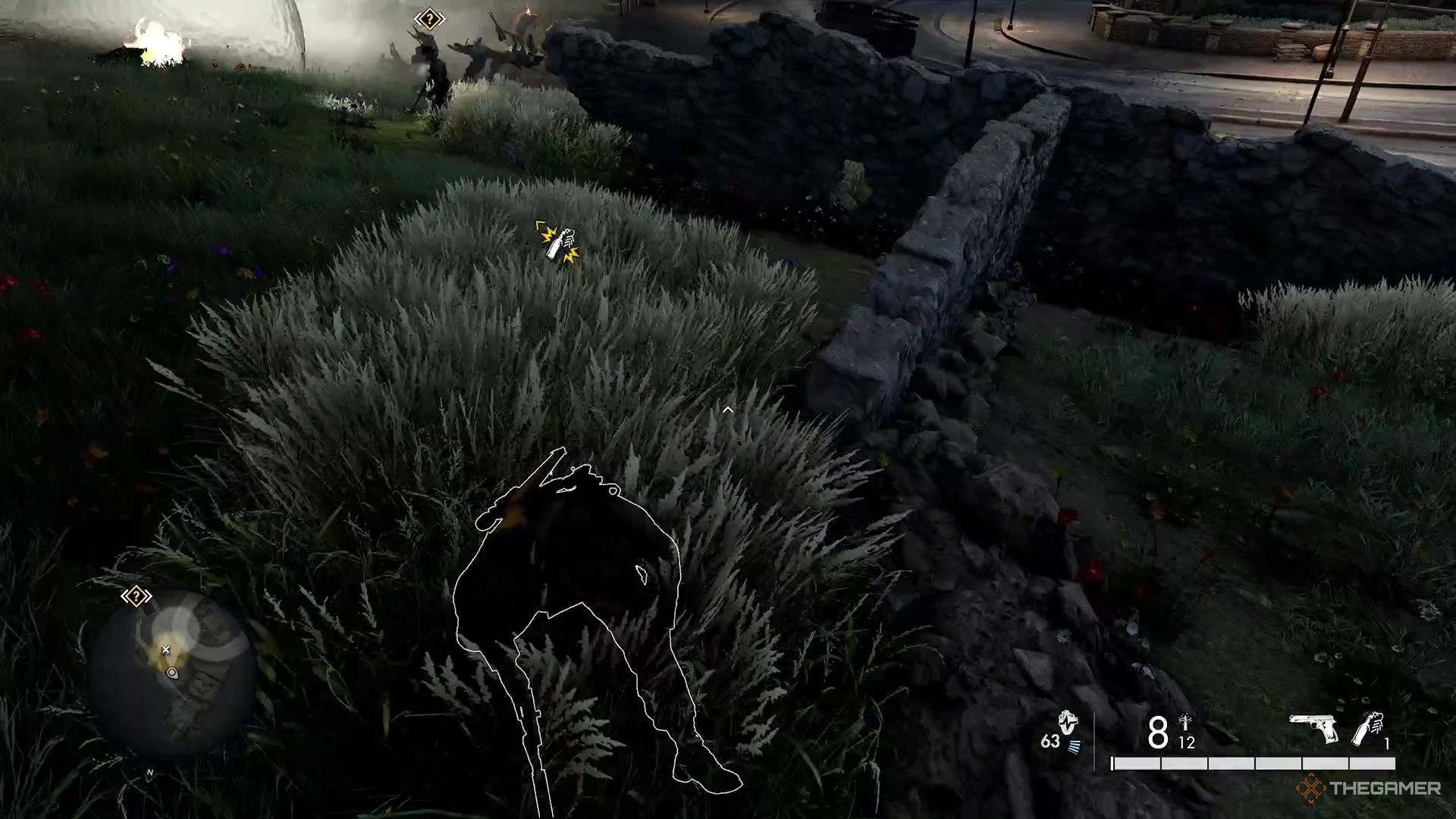 A booby trap detonates in the background, sending multiple Nazis into the air in Sniper Elite Resistance.