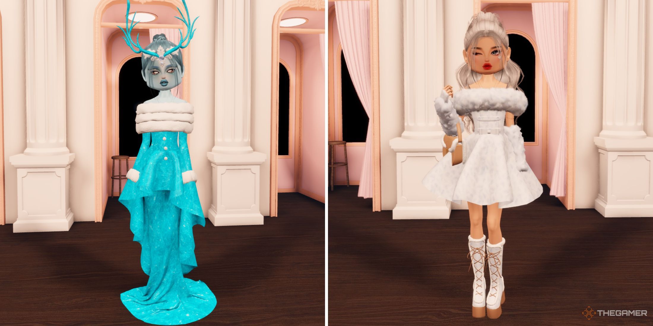 A character in Dress to Impress posing in an Ice Age outfit.