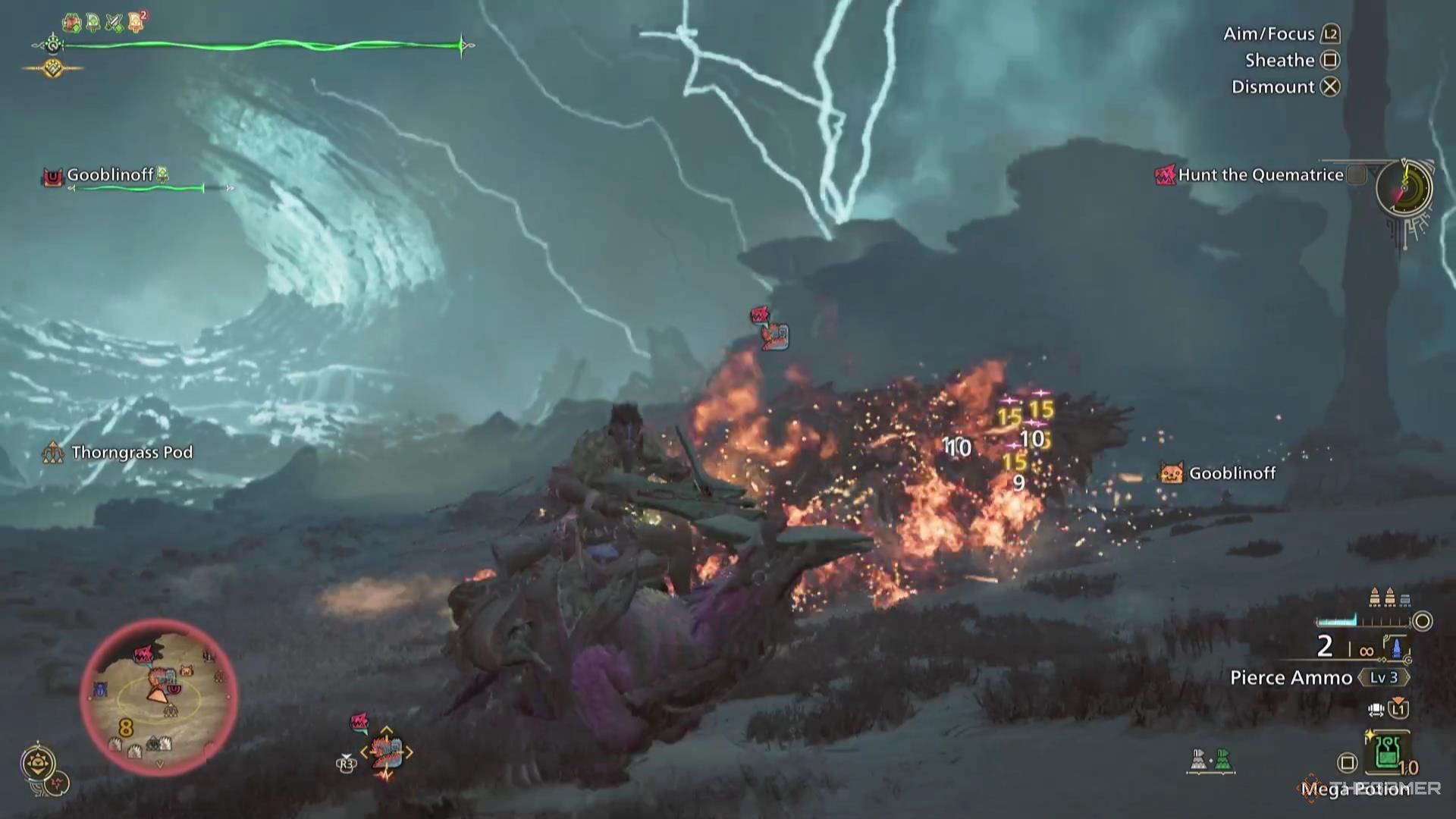 A Hunter rides a Seikret while a monster explodes behind them in Monster Hunter Wilds.