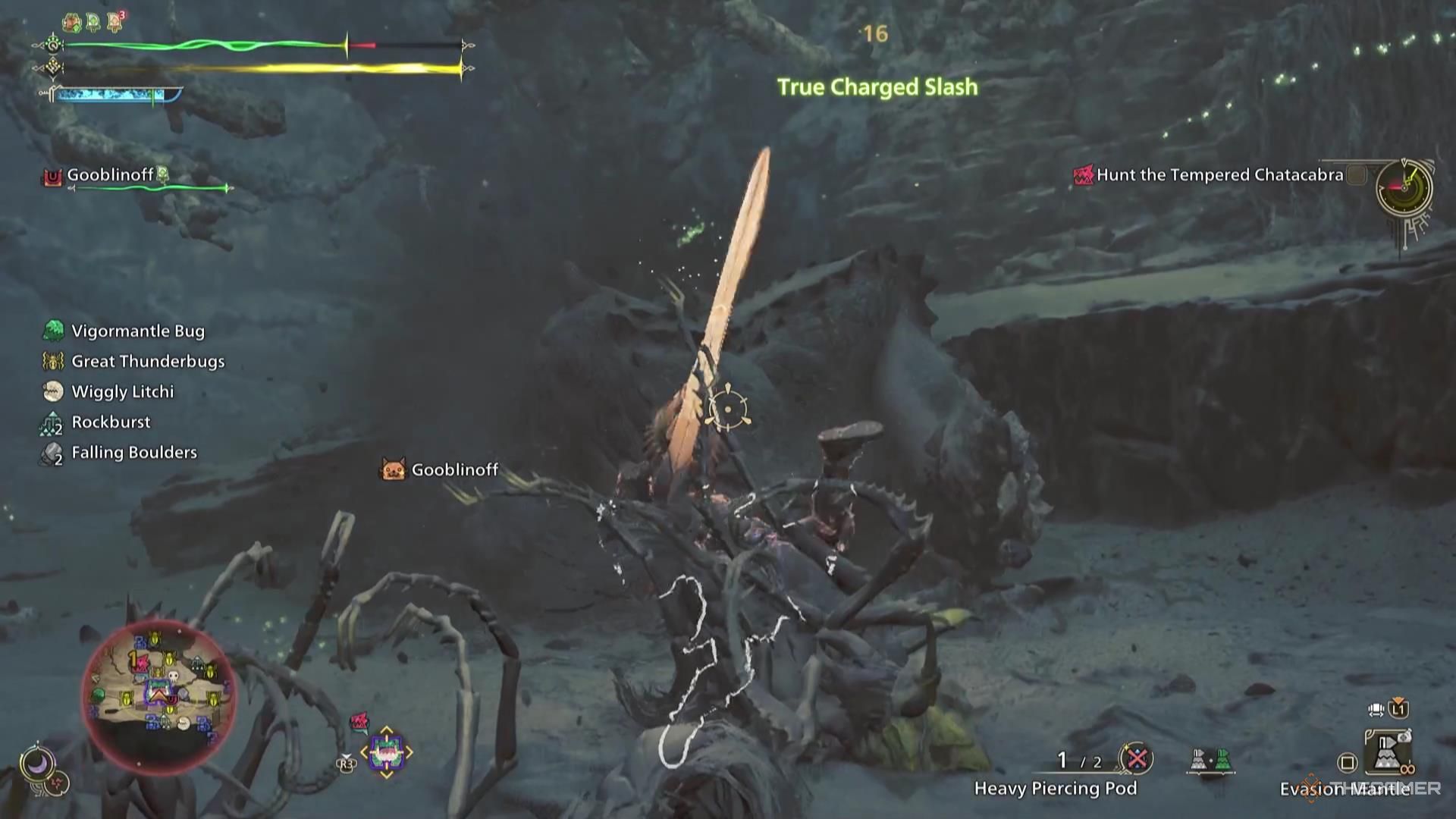 A Hunter uses their entire body to swing their Great Sword at a monster in Monster Hunter Wilds.