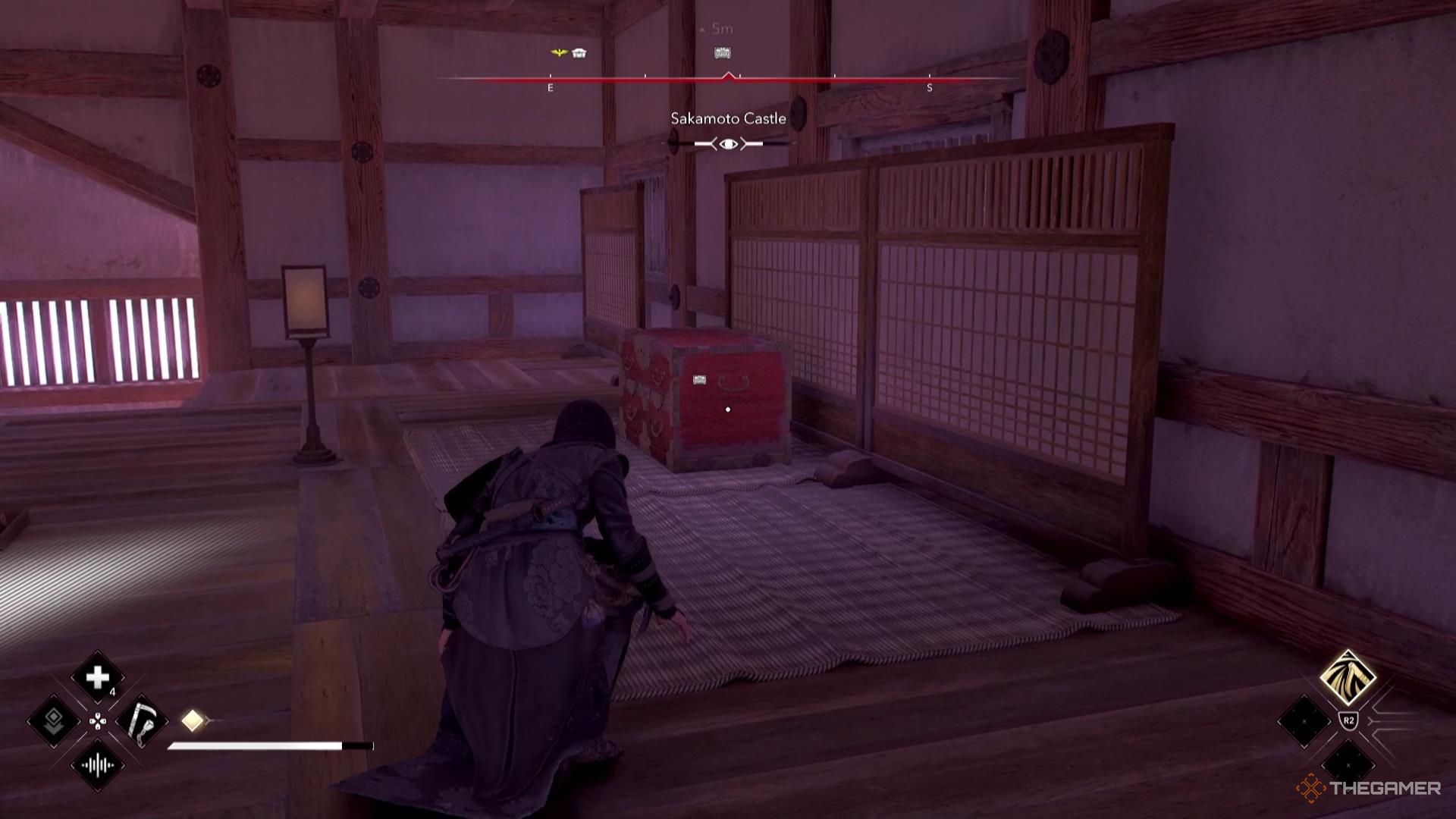A legendary chest sits in an empty room in Assassin's Creed Shadows.