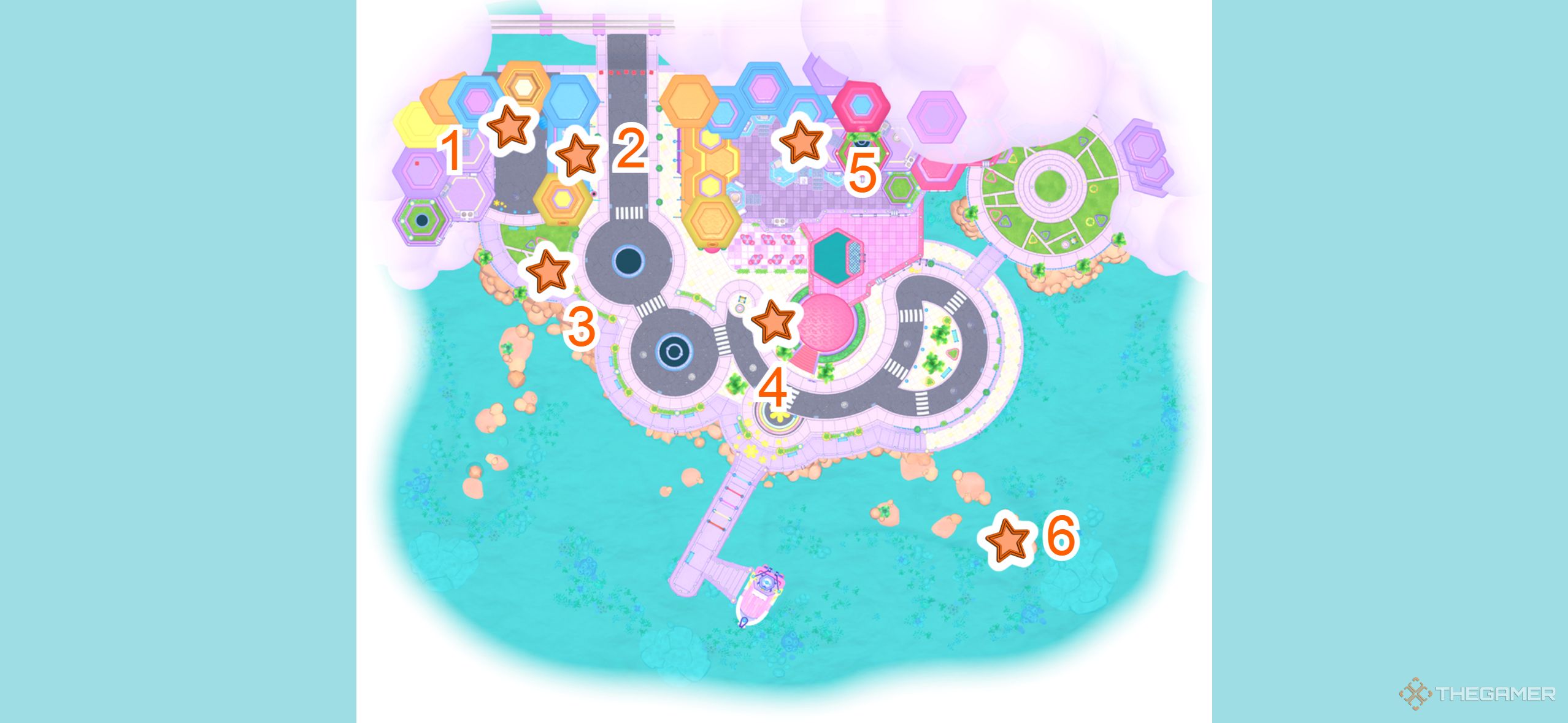 A map with all the City Town challenge courses in Hello Kitty Island Adventure.