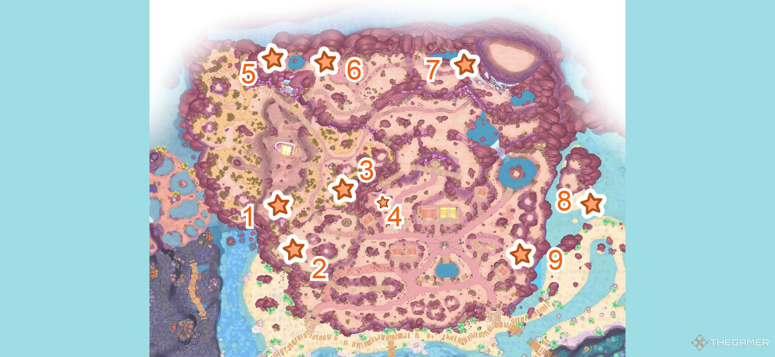 A map with all the Gemstone Mountain challenge courses in Hello Kitty Island Adventure.