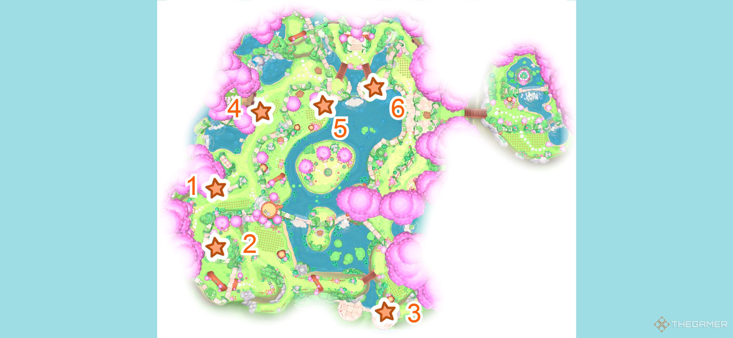 A map with all the Merry Meadows challenge courses in Hello Kitty Island Adventure.