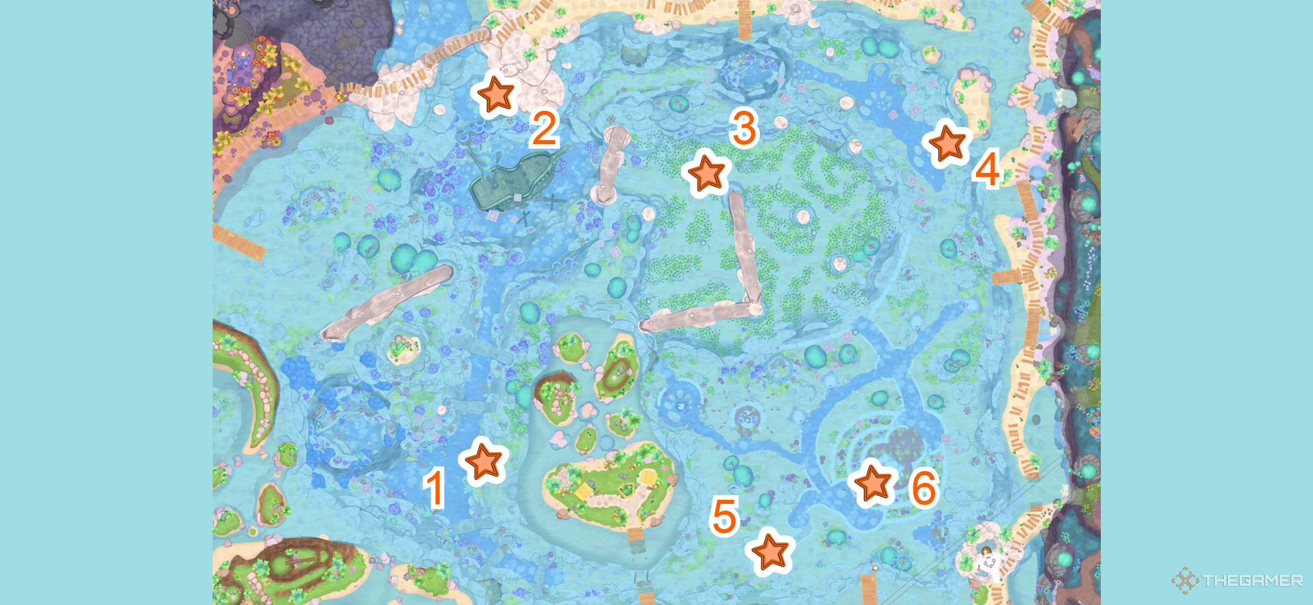A map with all the Rainbow Reef challenge courses in Hello Kitty Island Adventure.