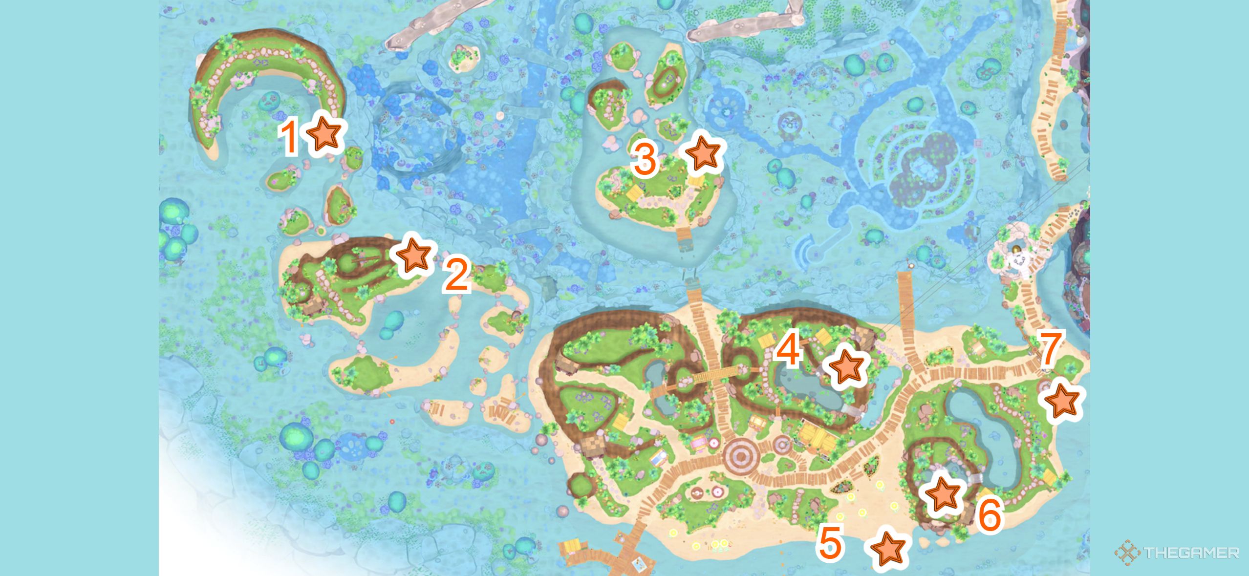 A map with all the Seaside Resort challenge courses in Hello Kitty Island Adventure.
