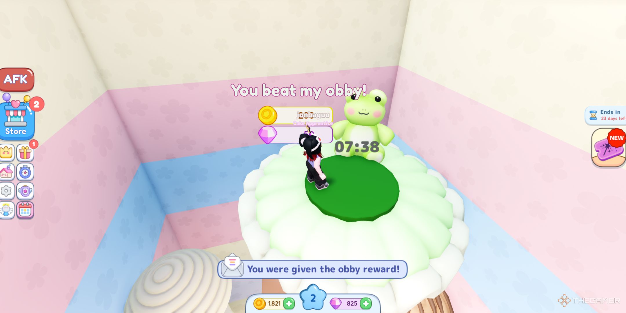 A player at the top of the Cake Off obby in Roblox.