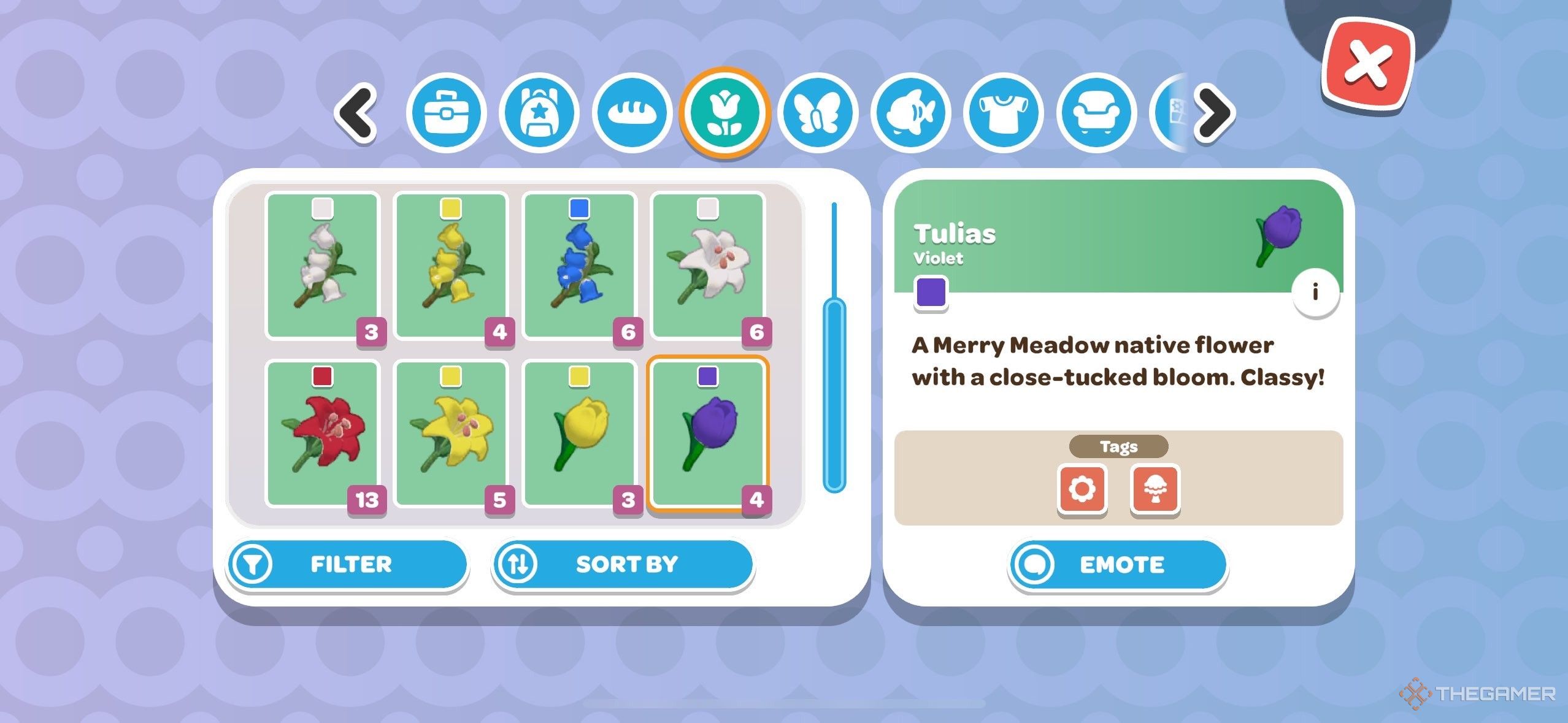 A player looking at a violet tulias in Hello Kitty Island Adventure.