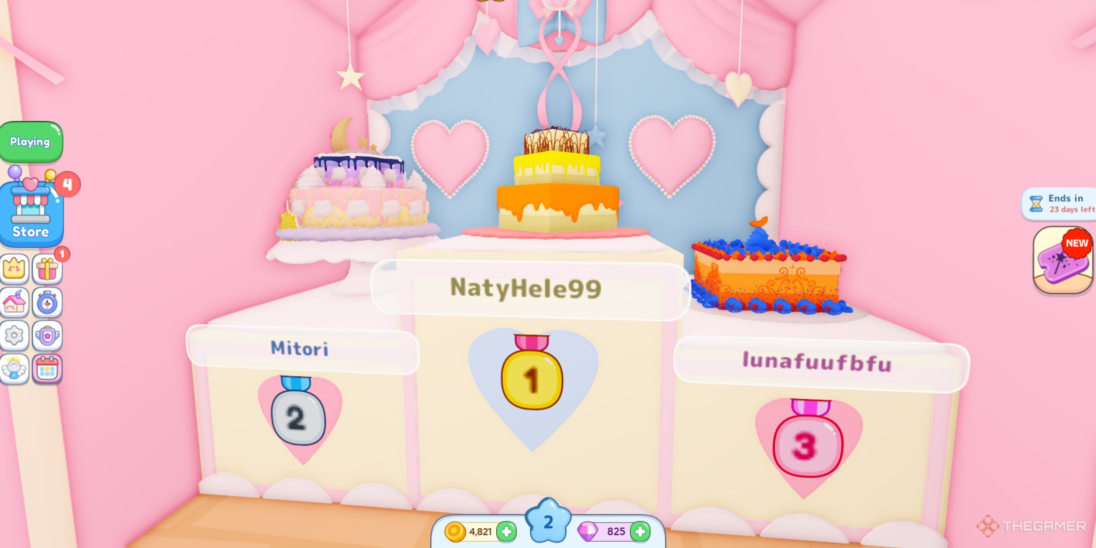 A player looking at three Cake Off cakes in Roblox.