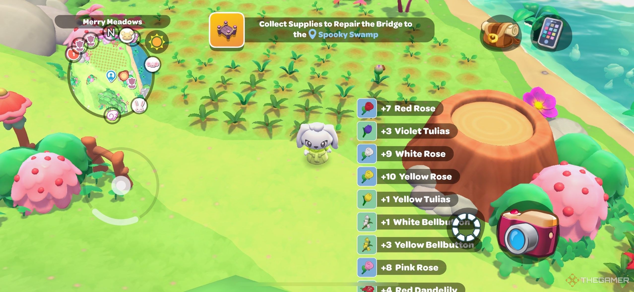 Игрок массово собирает цветы в Hello Kitty Island Adventure.