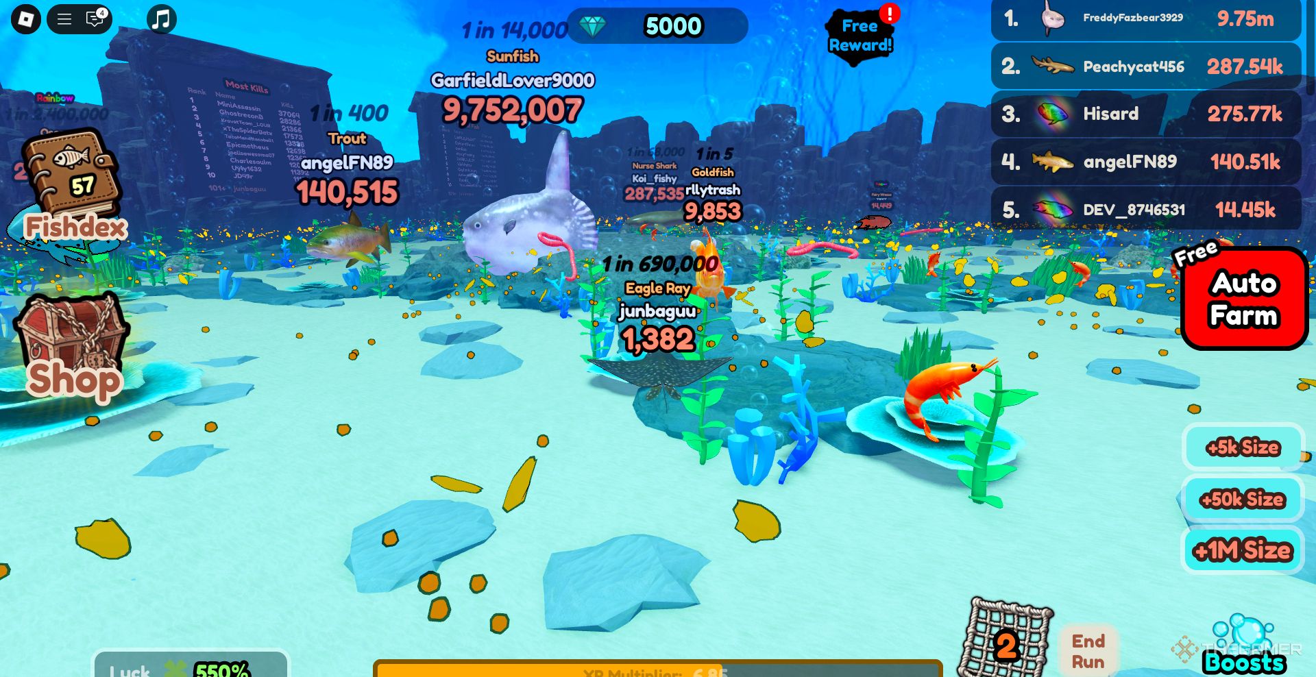 A player swimming around in Be Fish.