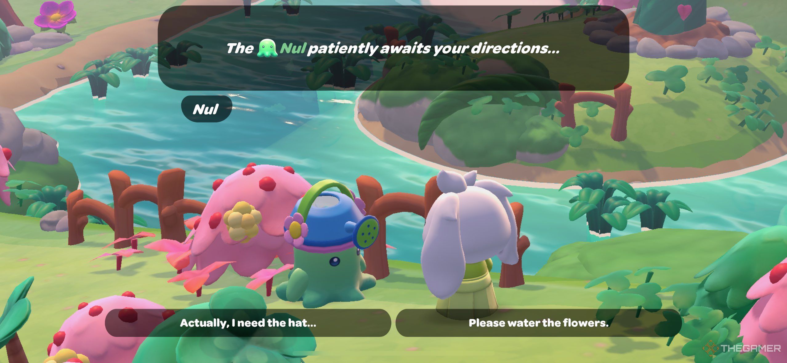 A player talking to a sprinkler nul in Hello Kitty Island Adventure.