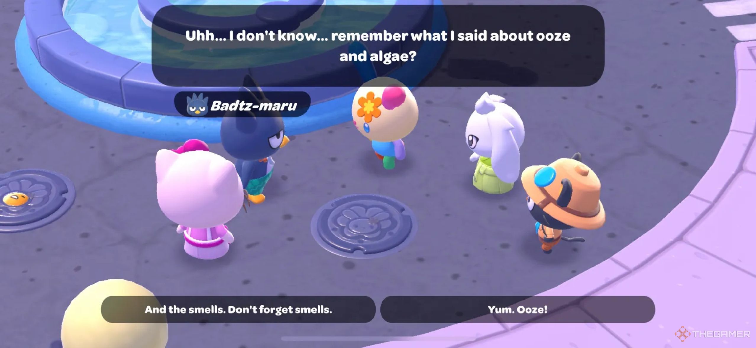 A player talking with everyone about the sewers in Hello Kitty Island Adventure.