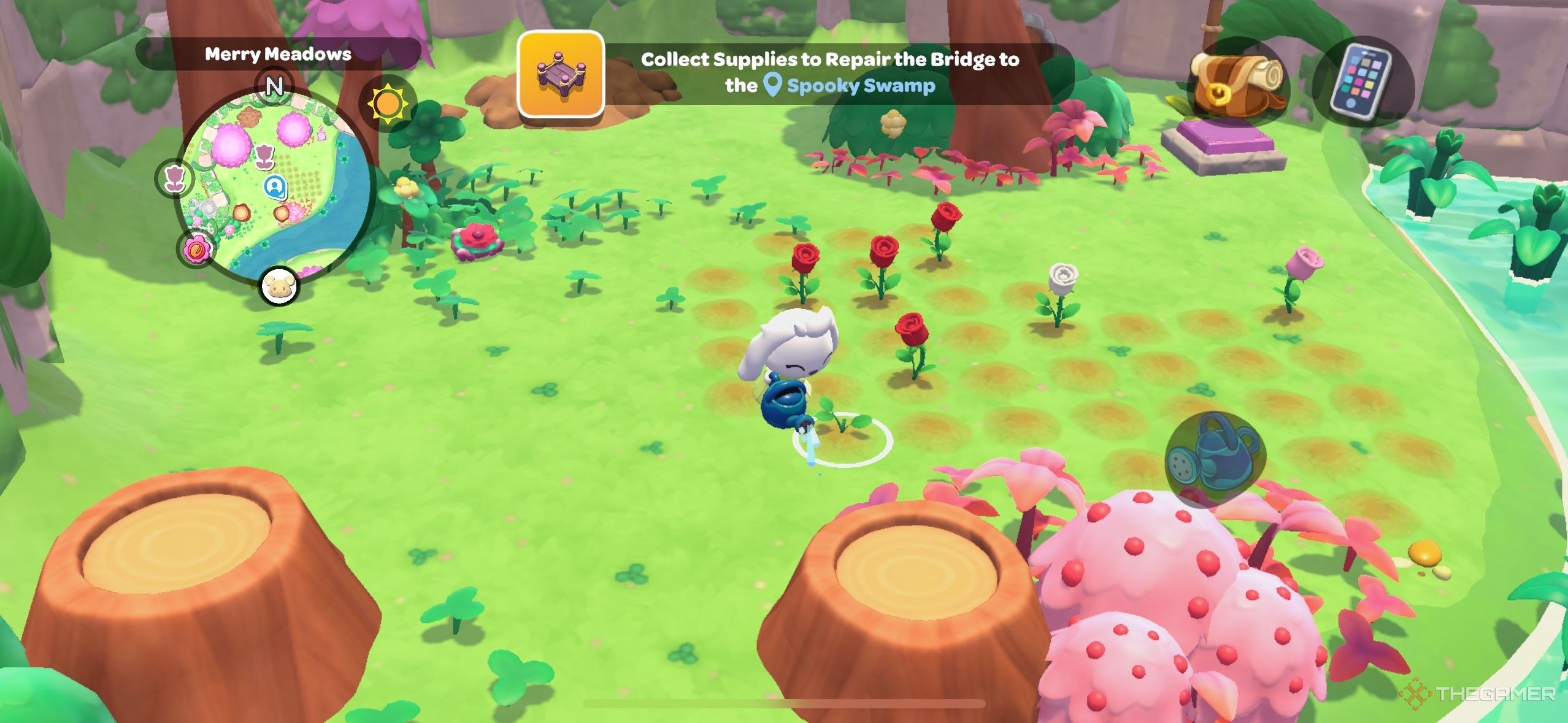 A player watering a flower in Hello Kitty Island Adventure.