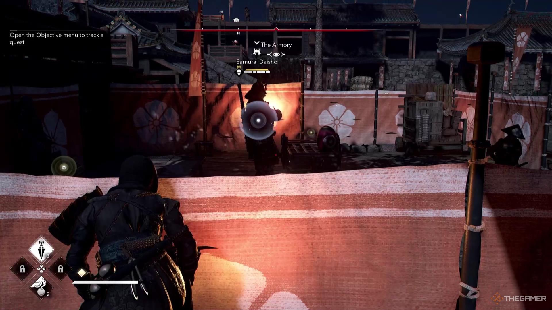 A samurai stands with their arms crossed at night in Assassin's Creed Shadows.