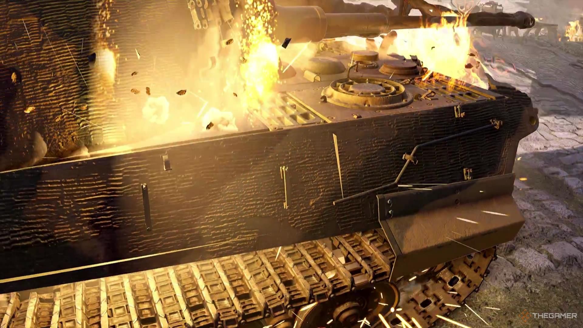 A tank begins to explode in Sniper Elite Resistance.