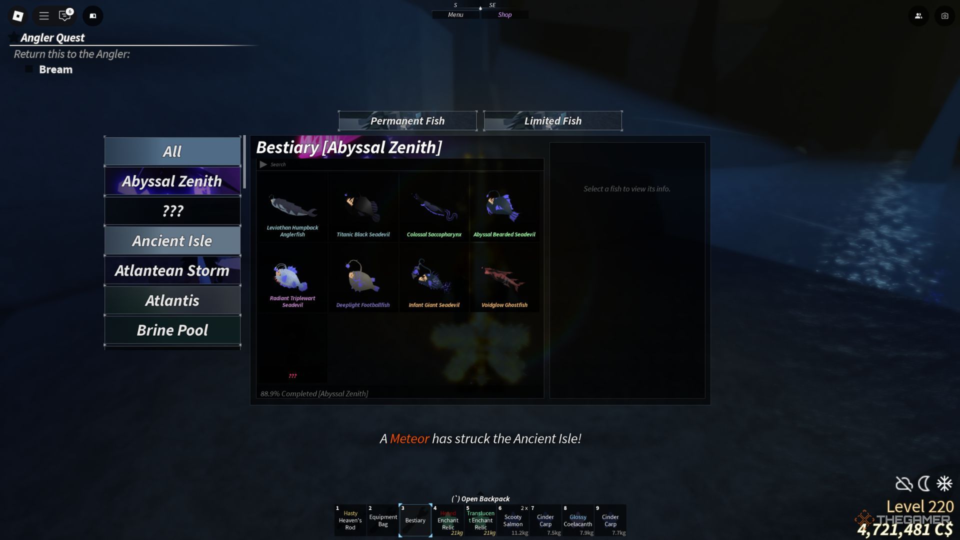 The player character shows almost fully completed Abyssal Zenith bestiary in Fisch.