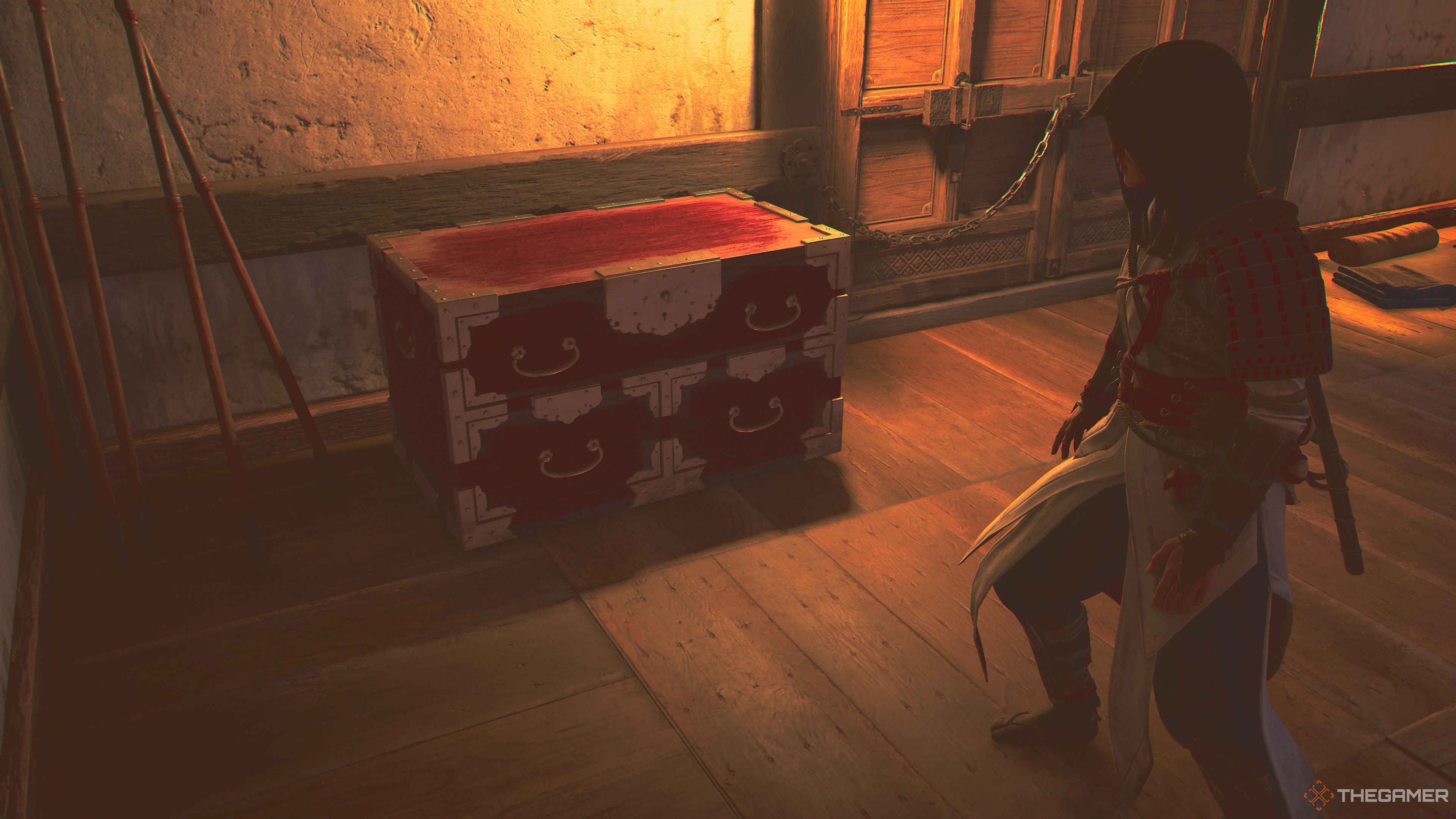 Naoe approaches the Koriyama Castle Legendary Chest in Assassin's Creed Shadows.