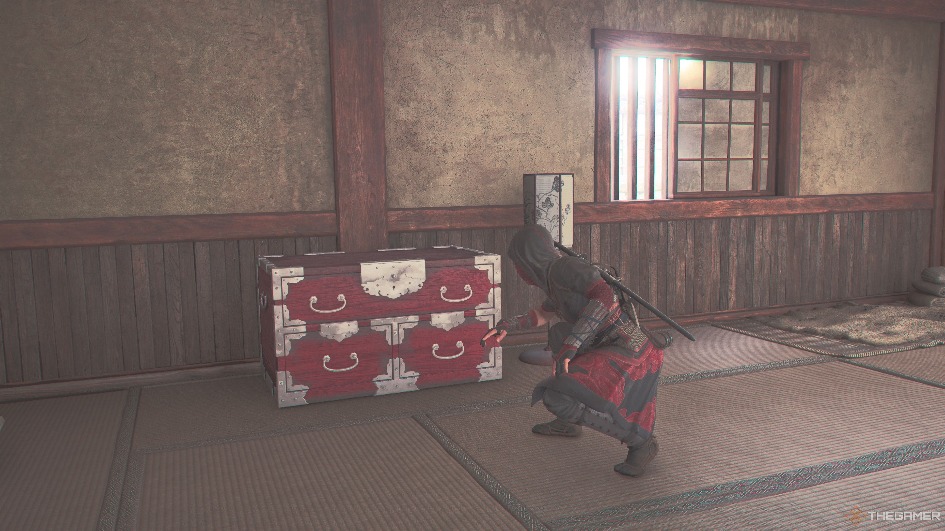 Naoe approaches the Miki Castle Legendary Chest in Assassin's Creed Shadows.